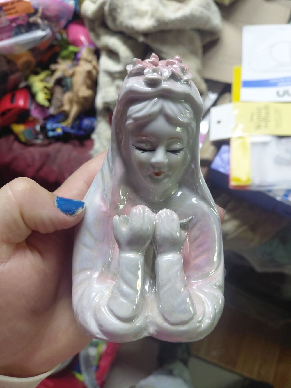 vintage ceramic or porcelain figurine of the praying Virgin Mary irridescent